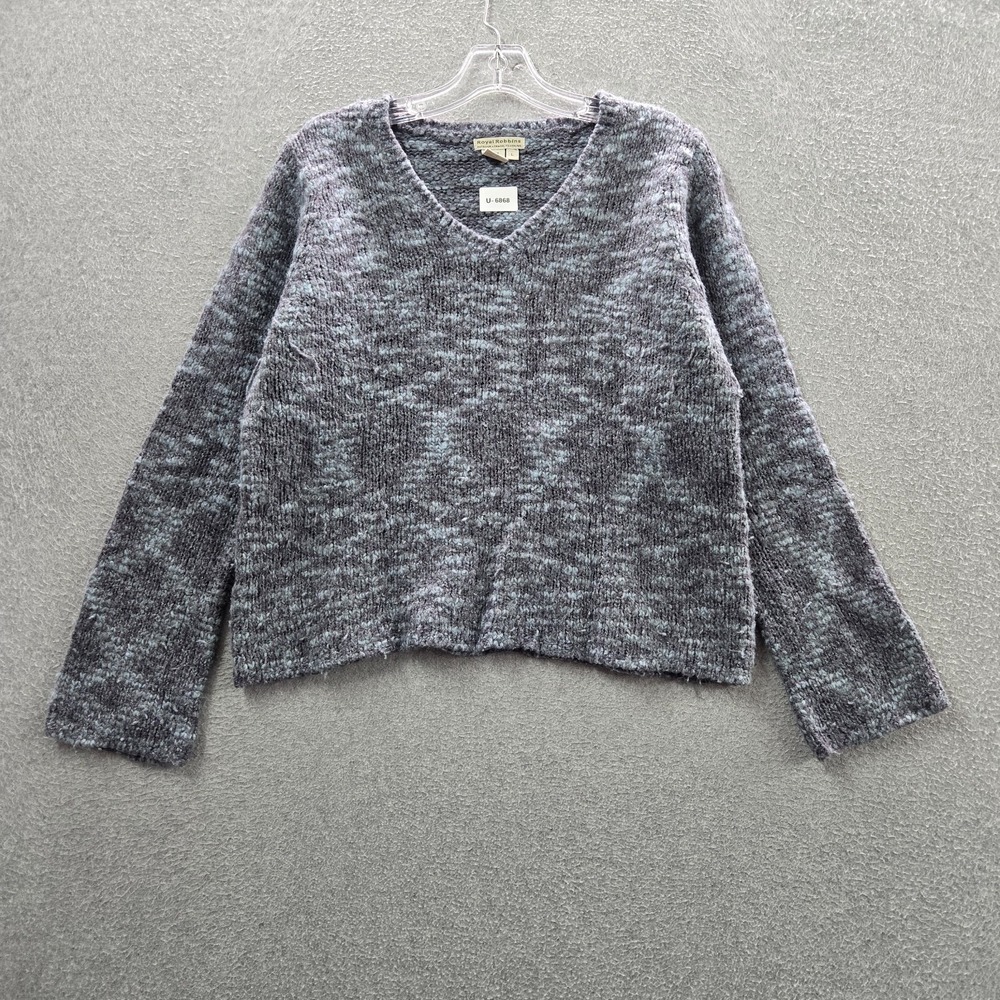 Royal Robbins Women Sweater Large Blue Knit Wool Blend Long Sleeve V Neck